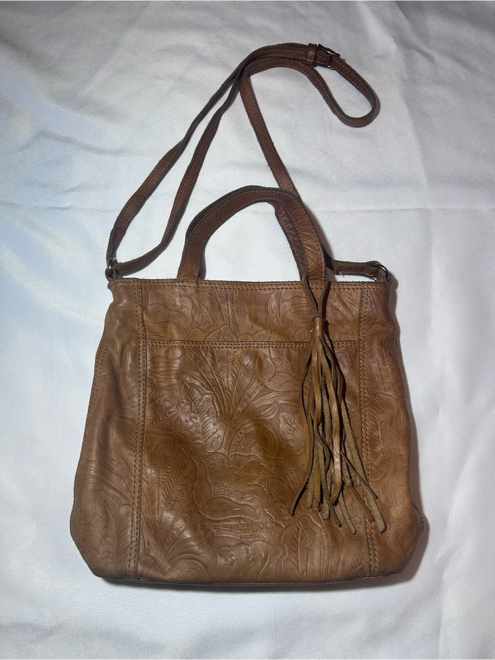 Margot New York Floral Embossed Tooled Leather Tote Crossbody Bag with Tassel